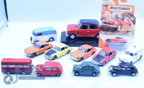 Selection of Playworn Die-cast Cars - Corgi MGC GT x 4, Austin Mini, Morris Minor, Morris Vans