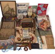 Period Sewing Embroidery Wool Work Items: Fabric tool, craft shells and beads, with noted items to