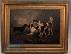 Victorian Oil on Canvas of Dogs Fighting. Painting 41 x 29cm in original gilt frame with Bonhams Lot