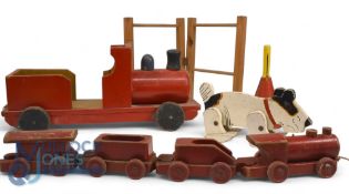 Selection of Wooden Toys - Large Train 50cm, small train with wagons, wooden dog with movable