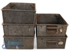5x Vintage Engineering Galvanized Tote Pans - with one embossed Oil Feed Eng and 2 retaining their