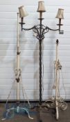 3 Metal Brass Lamp Stands, good wrought iron tri lamp stand possibly French, a wrought iron single