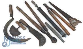 Period Gardening Tools, to include a hand scythe, long handle pruning tools, brass garden spray,