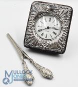 Selection of Hallmarked Silver. Quartz Clock with silver surround London 1992 not checked if working