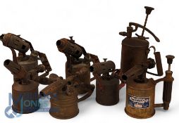 7x Brass Blow Torch Lamps, Blow Lamps, with noted makers of Optimus, Burridge & Co Monitta - all