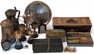 Selection of Sporting Items. To include Tankards, Ice Skates, Table Coquette, Tins, Trophies (box)
