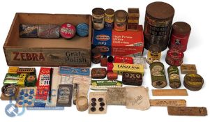 Collection of Vintage Advertising Tins, Boxes and Packets with noted examples of wooden box of Zebra