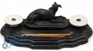 Spelter French Desk Inkwell. Detailed dog figure original ink pots with 2 pens 40 x 17cm