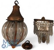 Arts & Crafts Copper framed Glass Hall Pendant Light, with ceiling fitting - size #19cm x 32cm -