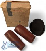 Vintage Riding Items. Moss Bros Bowler Hat in original box together with 2 pairs of brown leather