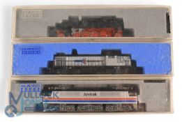 Kato N Gauge Diesel Locomotives. Amtrak 13002, Amtrak RS-3 17708 together with steam locomotive BR86
