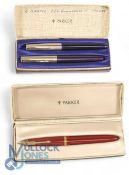 Parker with 14ct Gold Nib Fountain Pen. Red with gold trim together with 2 Parker Frontiers both
