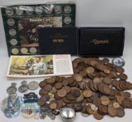 Mixed Tray of Collectables. To include British coinage, badges, delft brooch, coin set, pocket watch