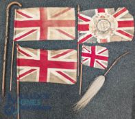 4x Period Union Jack Flags, a 1911 Coronation flag and 3 others all having wooden / bamboo