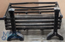 Antique large handmade Wrought Iron Fire Basket Cast Iron Dogs, a slatted backet on a pair of very