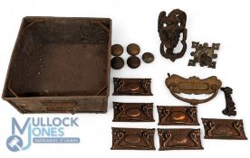 Architectural Salvage, a tote pan with content of brass effect art nouveau set of 6 drawer