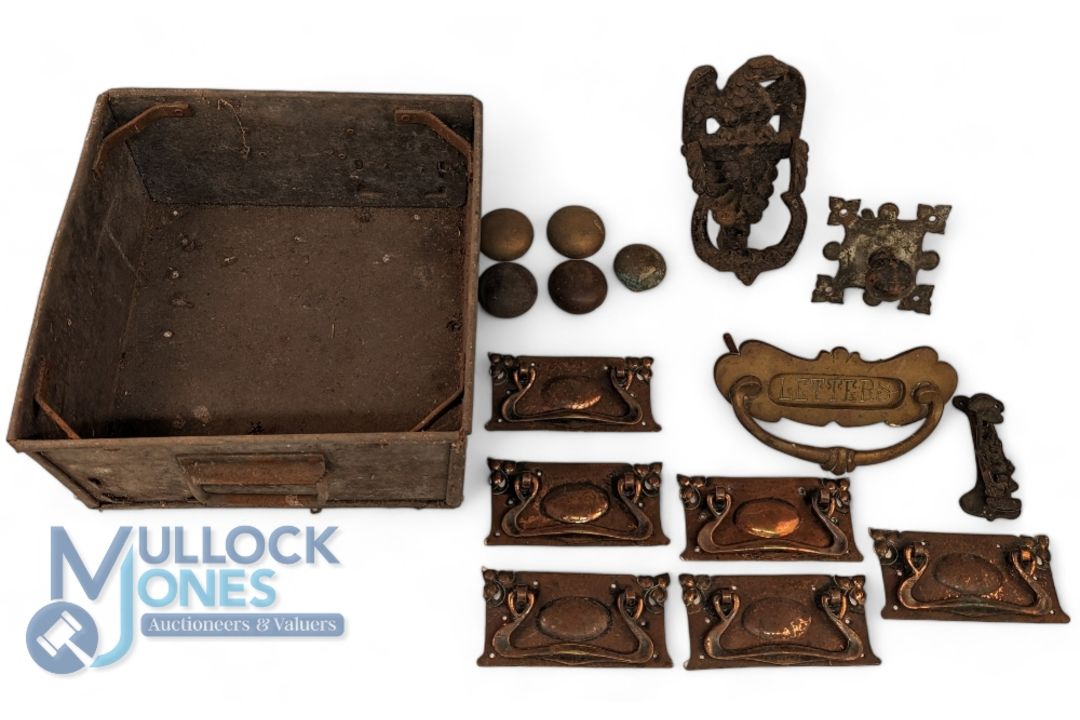 Architectural Salvage, a tote pan with content of brass effect art nouveau set of 6 drawer