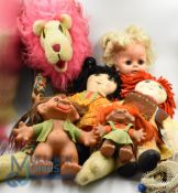 Mixed Box of Toys and Coins - large Soft toy Lion, Soft body Doll, Rosie & Jim Rag Doll and 2 Trolls
