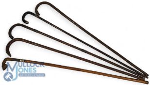 Collection of Walking Sticks. Various examples to include horn handle in the shape of a horse's