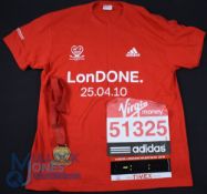 London Marathon 2010 T-Shirt, Medal, participants number and a magnetic finish time label