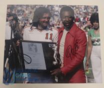 Pele Autographed Colour Print depicted with George Best receiving Best Soccer Player in the world