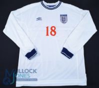 England FC Home Football Shirt 1999-2001 #18, Size XL, Umbro, long sleeves, white (G)