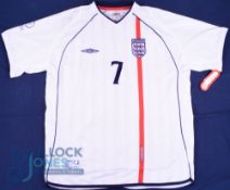 England FC home football shirt, 2002 World Cup #7 Beckham, Size XL, Umbro, White with tags, some