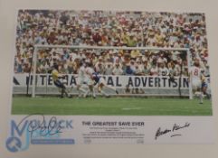 Pele and Gordon Banks ‘The Greatest Save Ever’ hand signed colour print, mounted and ready to frame,