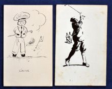 2x interesting and early hand drawn golfing postcards - one dated and signed Phil N. 1910, both