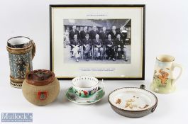 Golf Ceramic Collectables to include RN golf club Balls patent tobacco jar (repairs to lid) Sporting