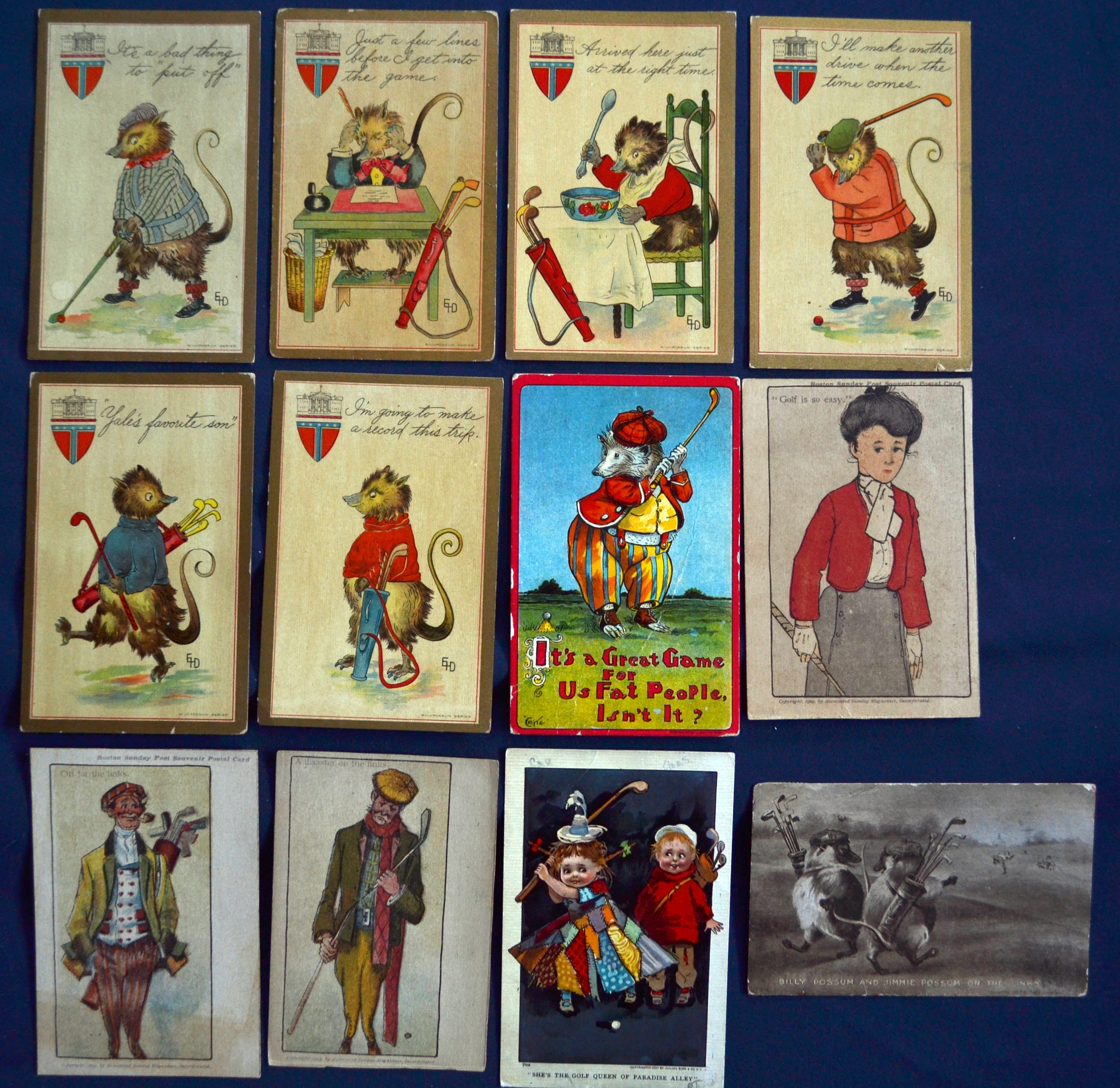 Interesting collection of early 20thc USA "Billy Possum Series" and other coloured golfing postcards