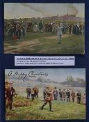 2x Early 20thc coloured golfing postcards - to include Leslie Balfour Melville driving off from