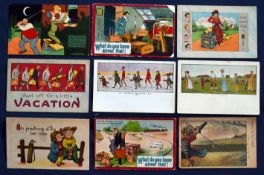 Interesting collection of early 20th c mostly USA amusing coloured golfing postcards (9) to