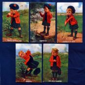 Interesting set of Young Scottish Golfer amusing titled coloured Golfing Postcards from the early