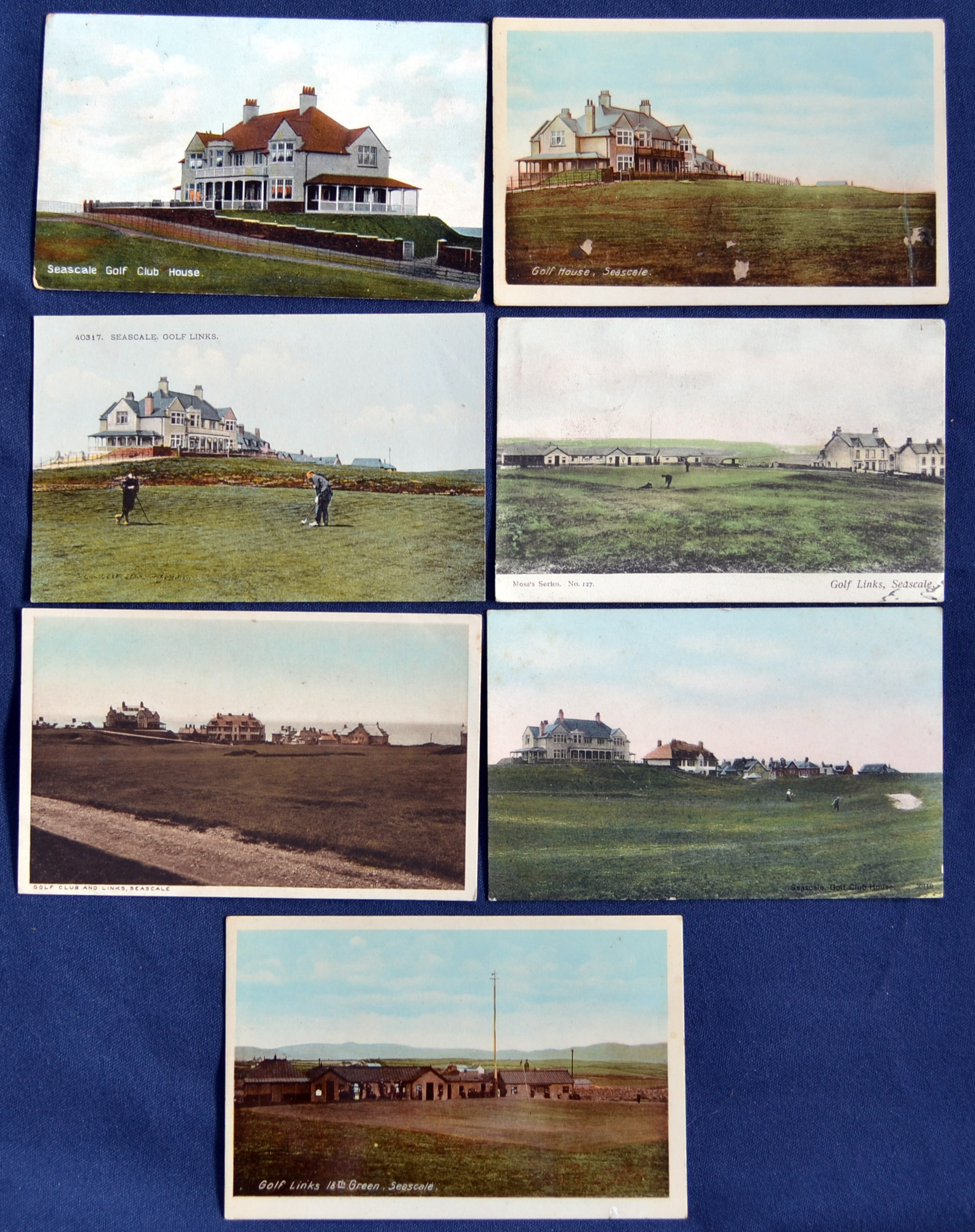 Collection of early 20thc Seascale Golf Club coloured postcards (7) to include 18th green, Golf
