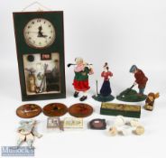 Golf Collectables, a mixed box to include a quartz golf themed clock, cast golf door stops, golf