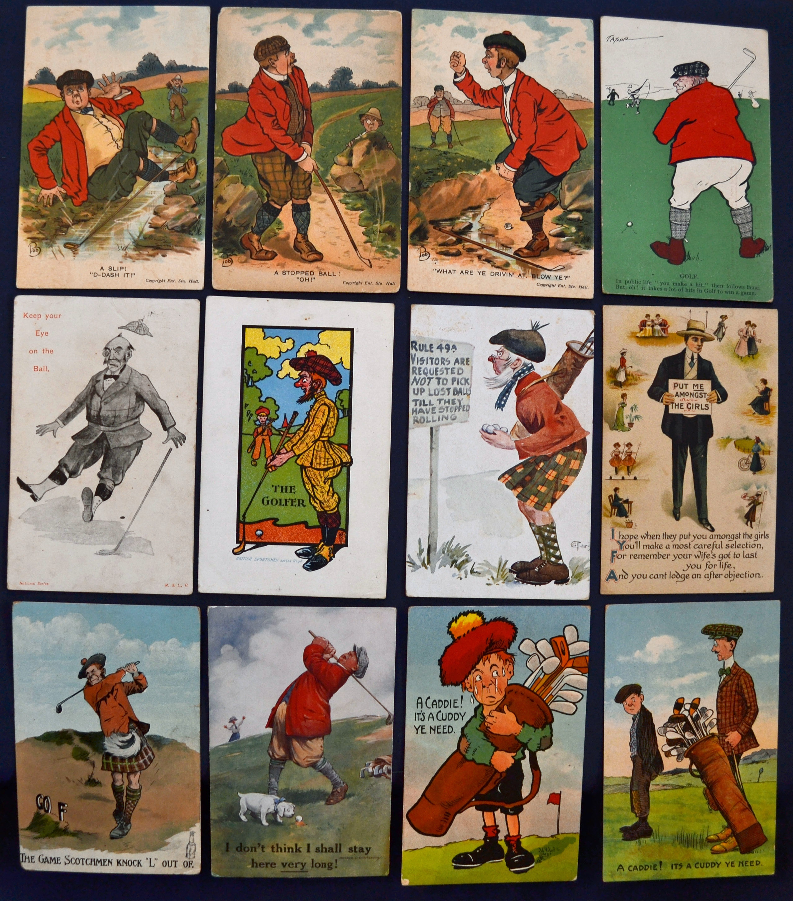 Interesting collection of early 20thc amusing cartoon golfing postcards (12) to include 3x early