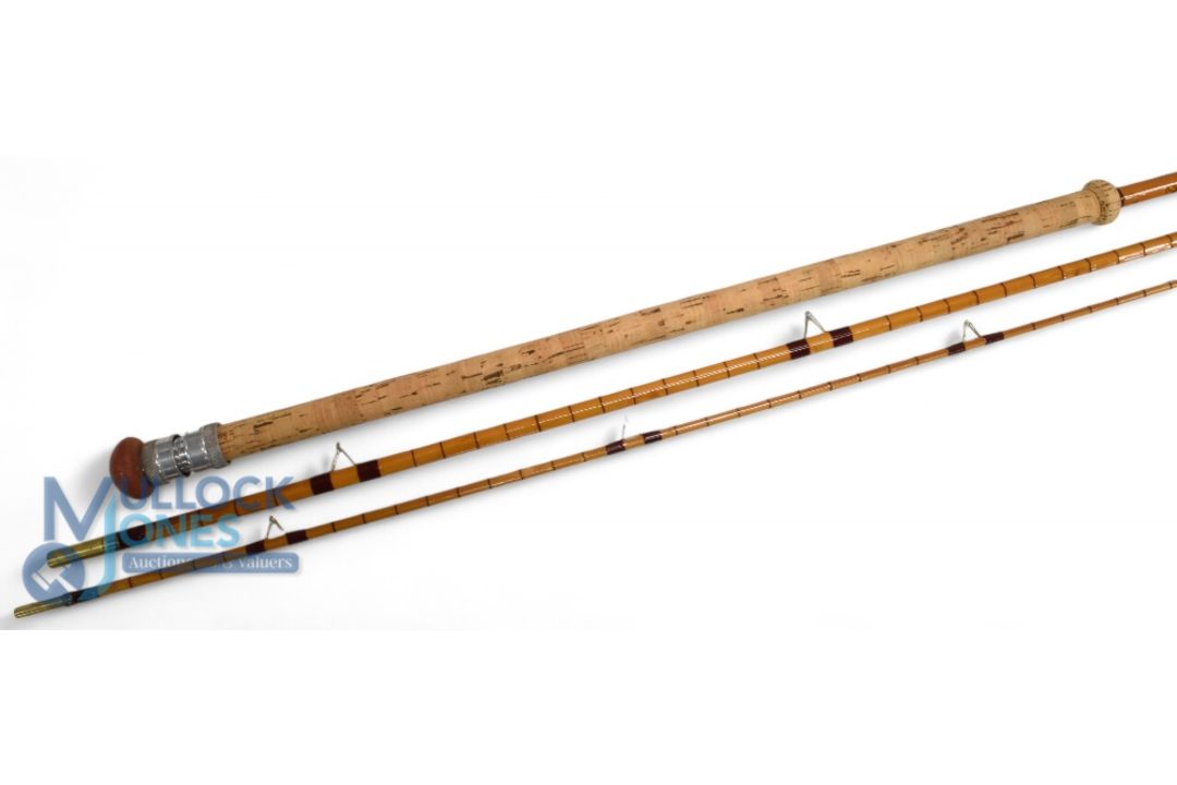 B James Avocet 11'6", 3 piece split cane rod, lightly restored, burgundy close whipped, high bells - Image 1 of 3