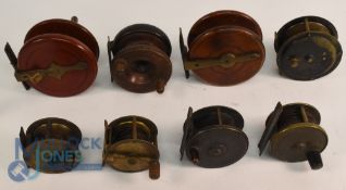 A large collection of reels for display, made up of: 3 mahogany and brass small reels; 3 brass crank