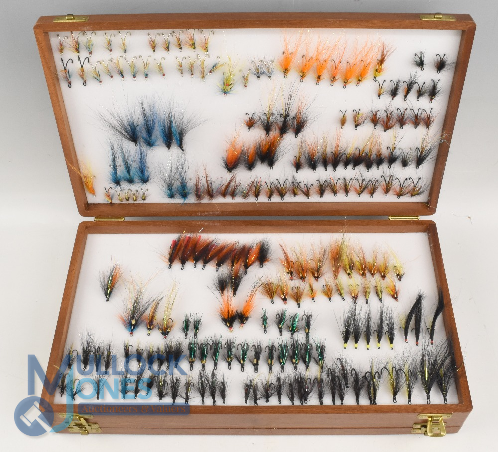 Wheatley mahogany double fly box - 15" x 8.5" x 2.75", with brass hinges and clasps, lined with