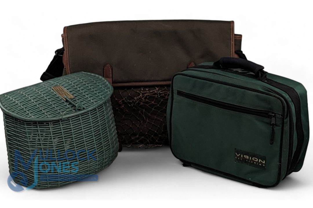 Fishing Tackle Bags Creel, a French plastic green creel, Vision fly fishing reel holdall, a large