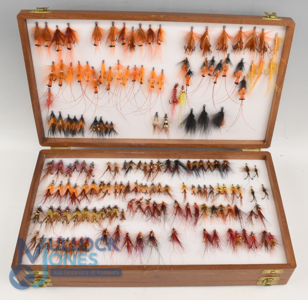 Wheatley mahogany double fly box - 15" x 8.5" x 2.75", with brass hinges and clasps, lined with - Image 2 of 2