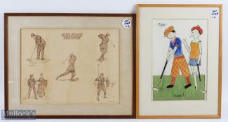 2x Interesting Golf Fashion Drawings - watercolour titled 