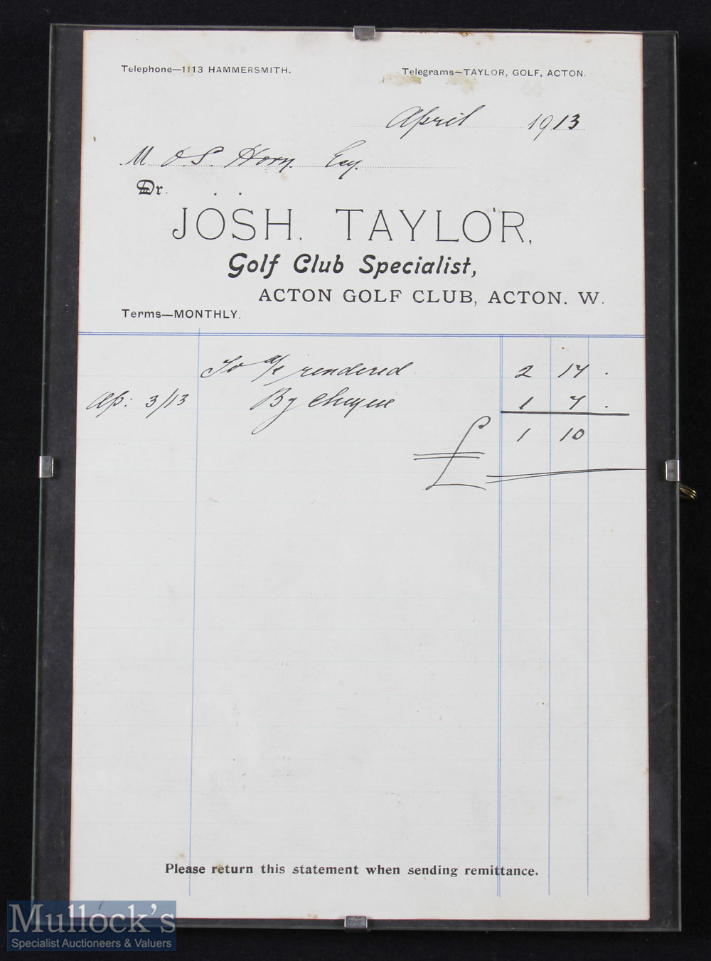1913 Josh Taylor, Acton Golf Club, Acton, official invoice/statement dated April 1913 - note Acton