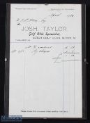 1913 Josh Taylor, Acton Golf Club, Acton, official invoice/statement dated April 1913 - note Acton
