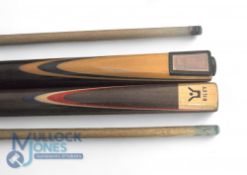 Snooker Cues. Two-piece Riley full size cue with metal case, together with Two-piece Eddie