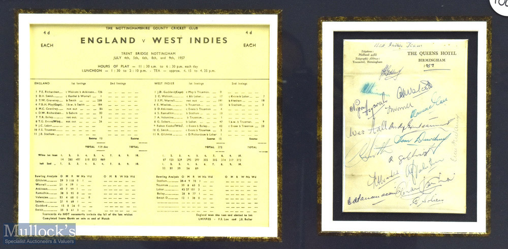 1957 Signed framed England v West Indies Display of Tom Graveney - photograph, scorecard and hotel - Image 2 of 2