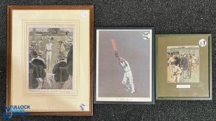 3x Cricket Prints, a period hand coloured - Match of The Season engraving, Sir Pelham Warner