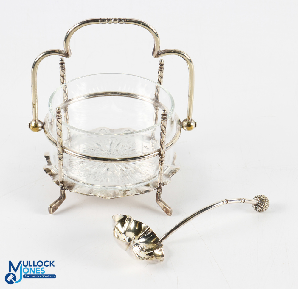 Fine Golf Related Silver Plated and Glass Preserve Dish - with 4x golf club supports and folding