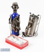 2x Humours Golfing Wine Bottle Holders both metallic featuring a golfing male figure with bottle